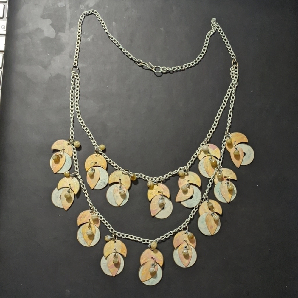 Yellow and Grey Disc Aluminum Disc Dangle Layered Statement Necklace